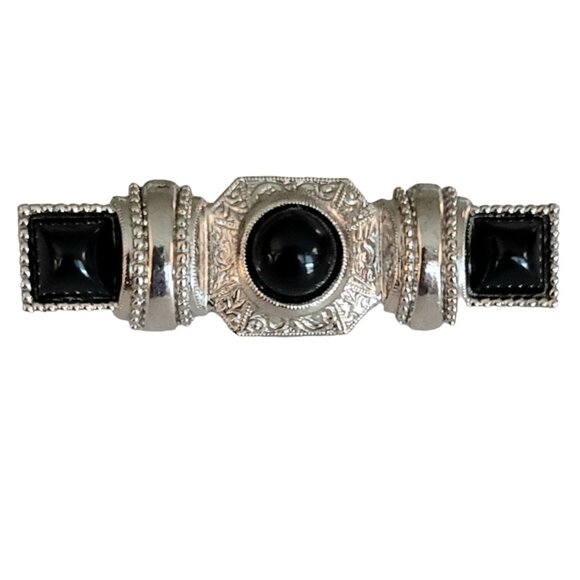 1928 Brand Silver Tone Black Lucite Cab Bar Pin Brooch K79 - Picture 1 of 8